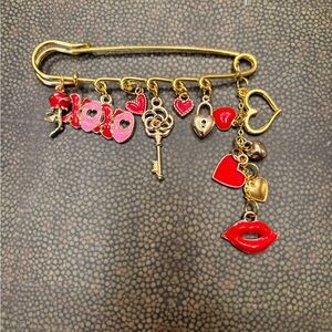 New Hugs and kisses, valentine, love Gold and Red Charm Brooch